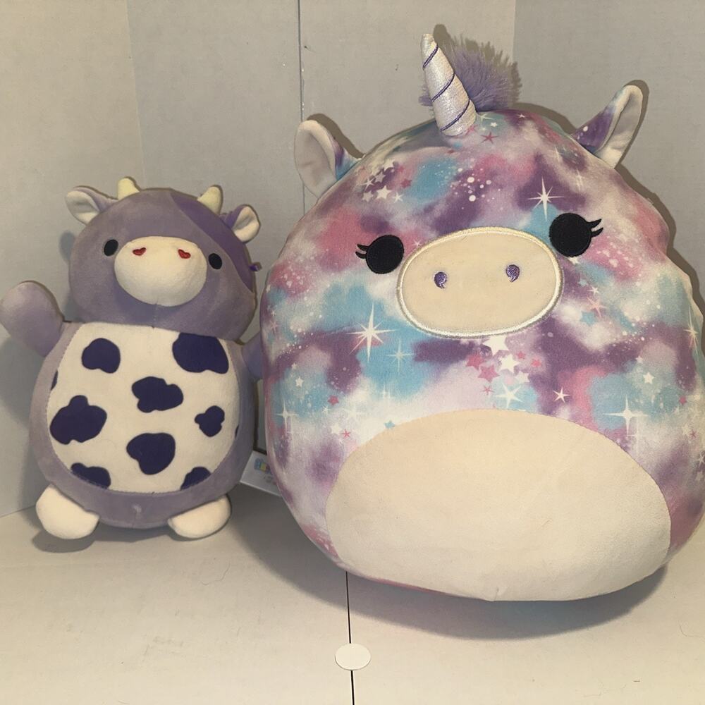 Lot Of 2 Original Hugmee Purple Bubba The Cow, Prim Galaxy Unicorn Squishmallows